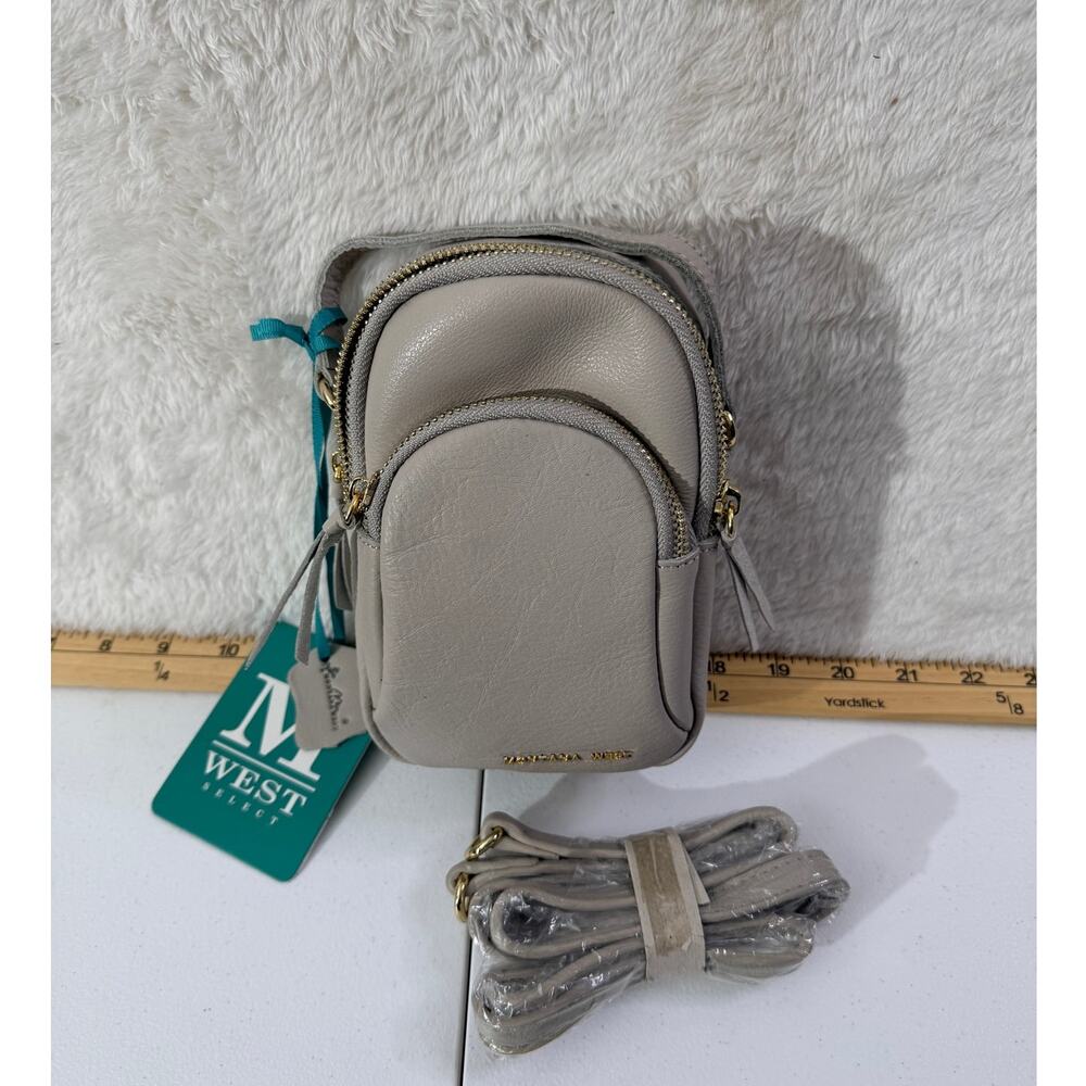 Montana West Select Genuine Leather Mini Crossbody Beige Top Zip 3 Zips